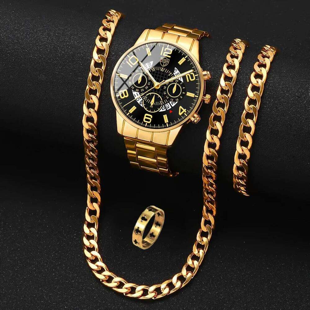 Men's Fashion 4pcs/set Quartz Watch with Date Function, Cuban Necklace, Ring and Bracelet, Thanksgiving Ideal Gifts for Men