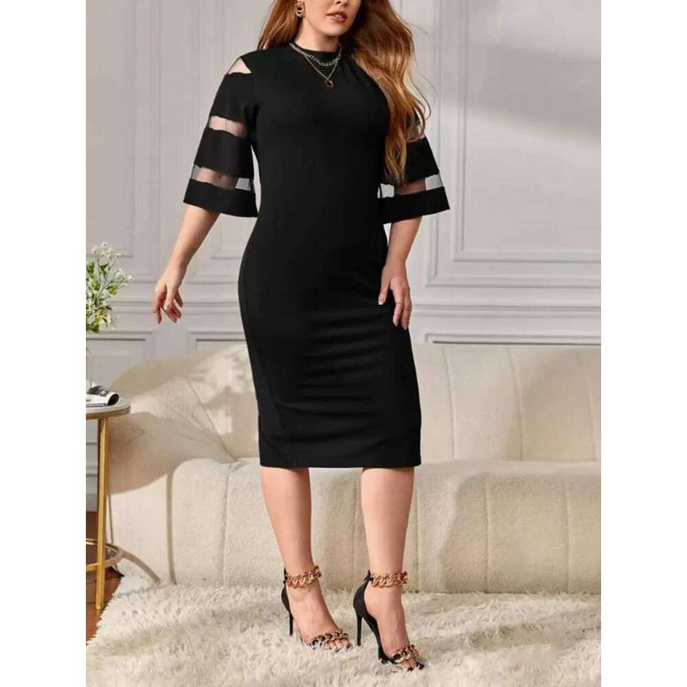 Spring/Summer New plus Size Elegant Women's Dress Black Mesh Paneling Bell Sleeve Sexy Bodycon Business Casual round Neck Solid C260312
