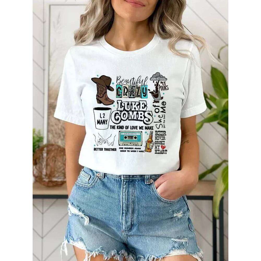 Fashion Luke Combs Country Music T-Shirt Printed Cartoon Trend Versatile Pattern Street Casual Women's Top O-Neck T-Shir Z260312