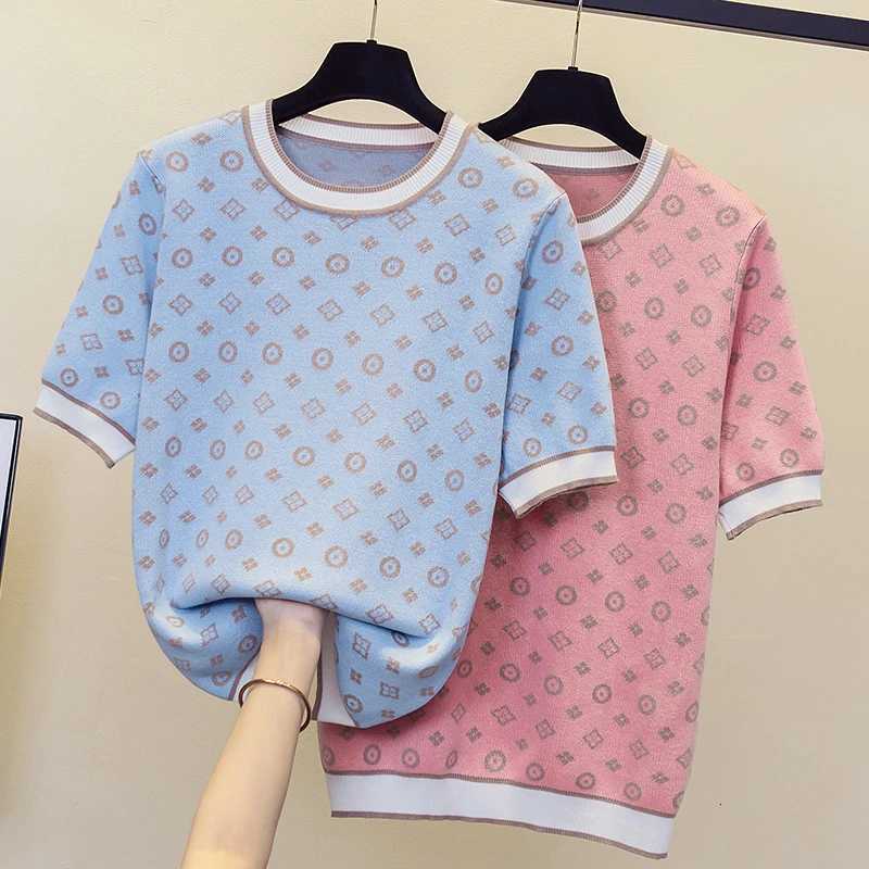 Summer Rhinestones Jacquard Knit Sweater Tees Women Pullover Tops Short Sleeve O Neck Fashion Ladies Chic Female KnitwearT260312