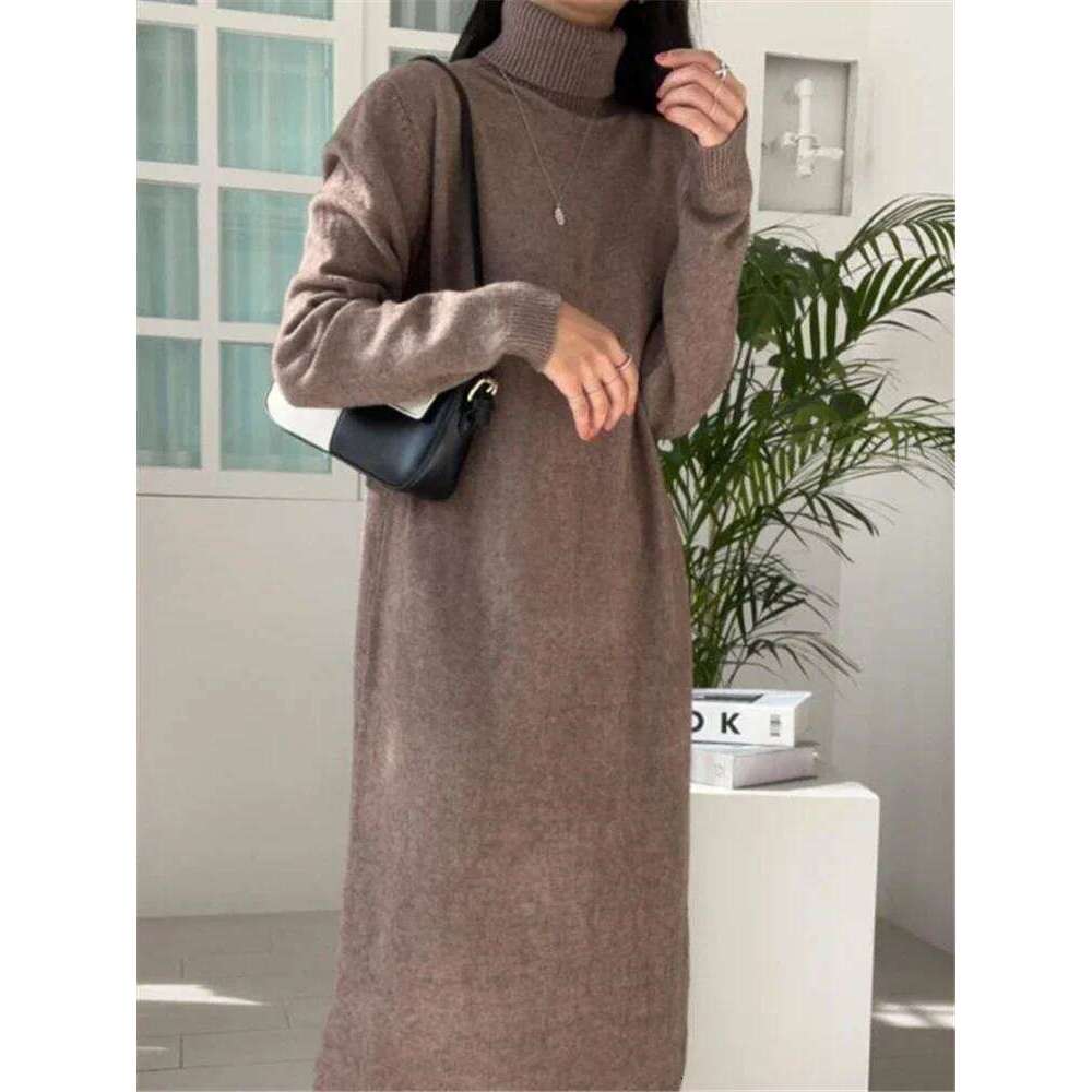 REALEFT Autumn Winter Turtleneck Women's Sweater 2024 New Sleeve Solid Warm Knitted Casual Long Dresses Female C260312