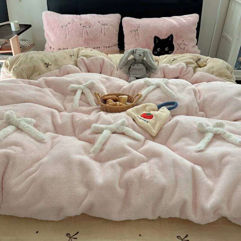2025 winter new soft rabbit four-piece set three-dimensional bow thickened warm milk fleece duvet cover dormitory H260312