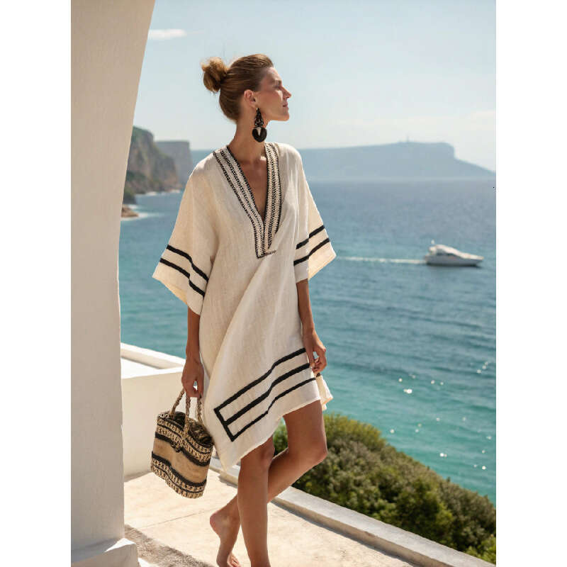2026 New Seaside Vacation Style V-Neck Bohemian Print Loose Beach Dress Short Sleeve Sunscreen Cover-Up