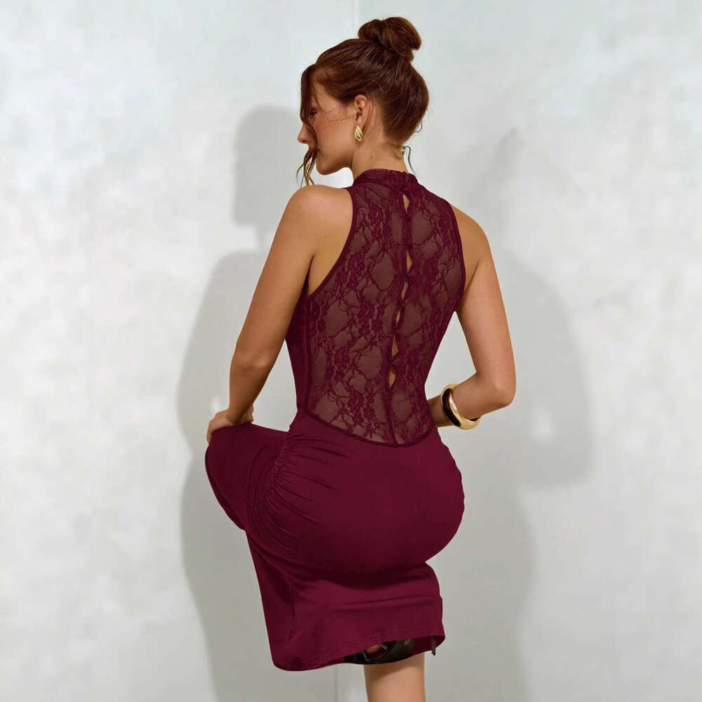New European and American style foreign trade French-style elegant solid color lace splicing hollow deep V bodycon long dress for women