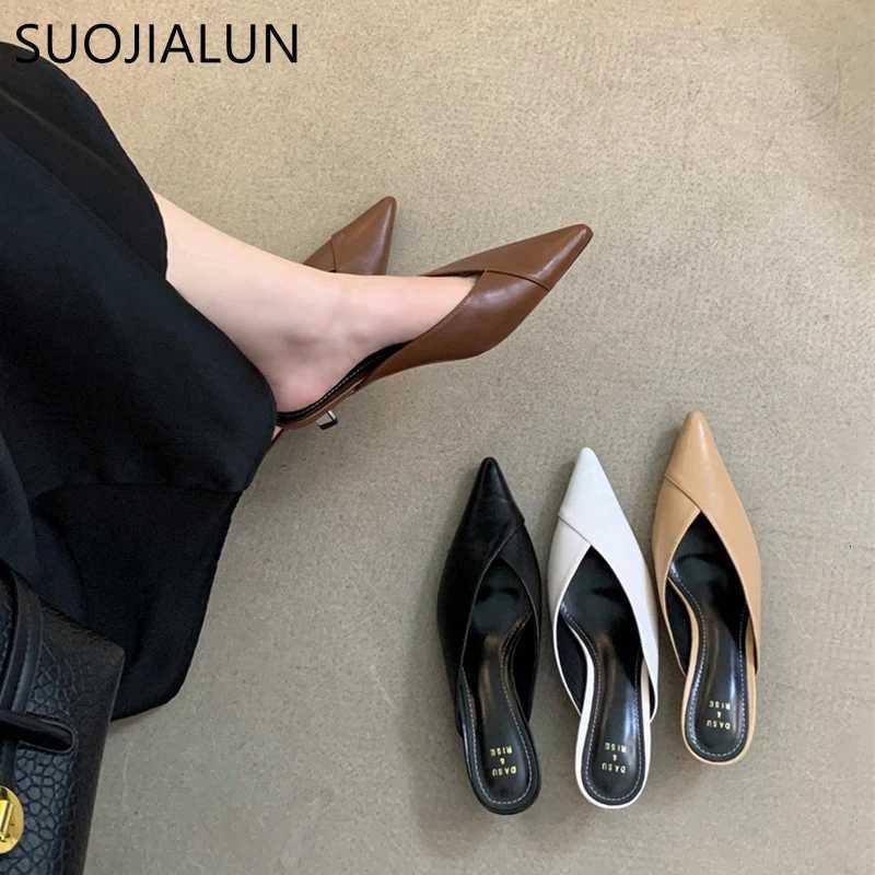SUOJIALUN 2024 Spring New Women Slipper Fashion Pointed Toe Shallow Slip On Mules Shoes Thin Low Heel Dress Sandal Shoes P K260312