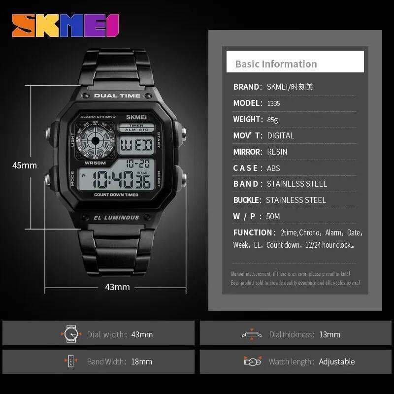 SKMEI 1335 Retro SportsDigital Watch for Men Waterproof Chrono Electronic Mens Wristwatches Stainless Steel Clock Reloj Hombre