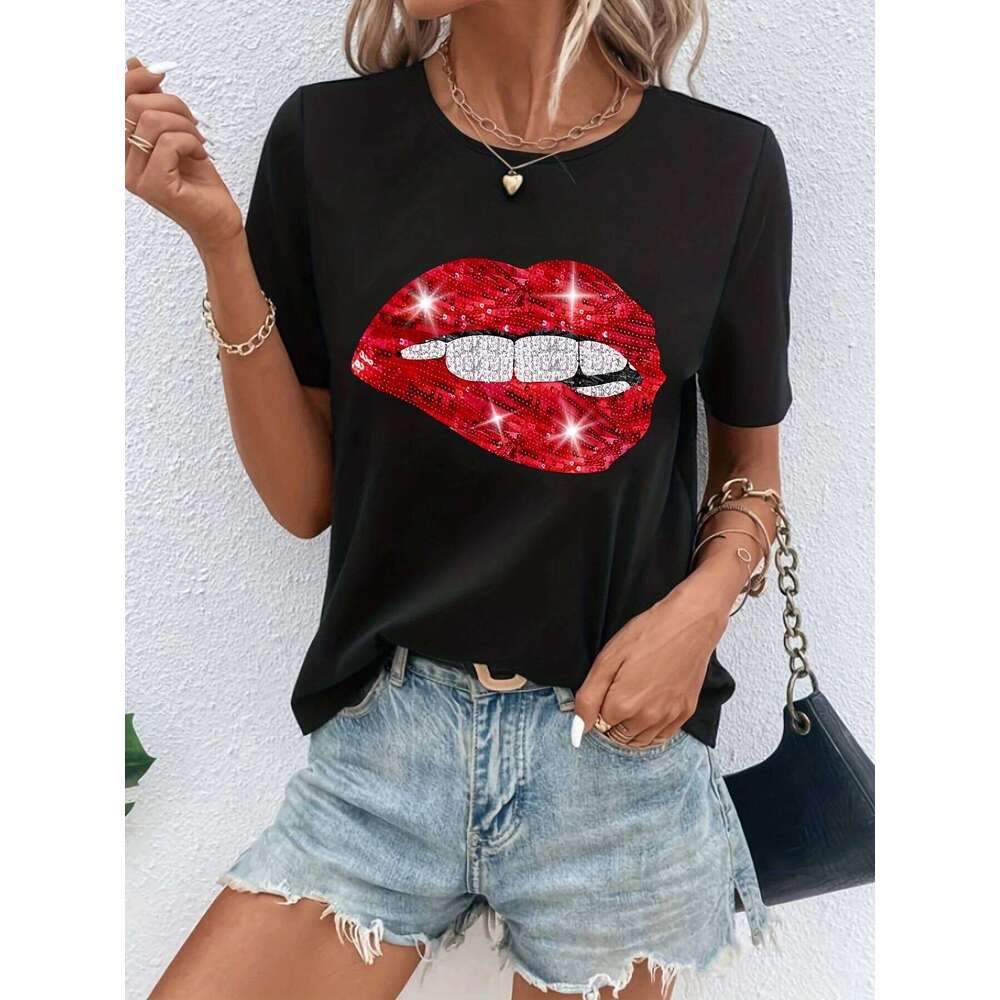 Sexy Lips Print Crew Neck Short Sleeve T-Shirt, Casual Sport Tops, Women's Clothing Z260312