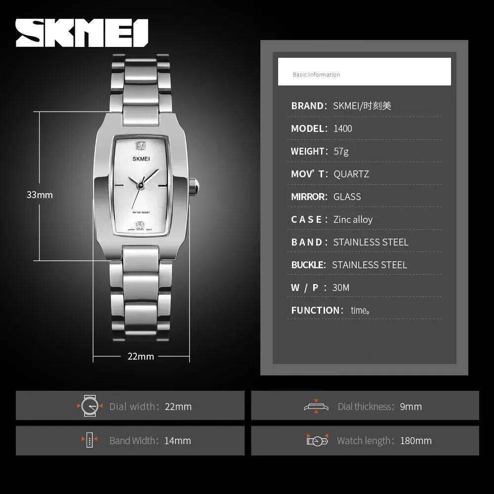 SKMEI 1400 Luxury Quartz Watch Woman Sports Silver Steel Waterproof Ladies Wristwatches Dress Women Girl Clock Relogio Feminino