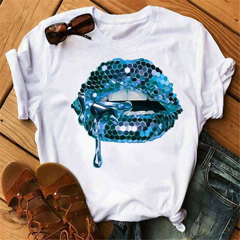 Sequins Shiny Lip Print T Short Sleeve O Neck Loose Women Tshirt Ladies Tee Shirt Tops Clothes Camisetas Mujer Z260312