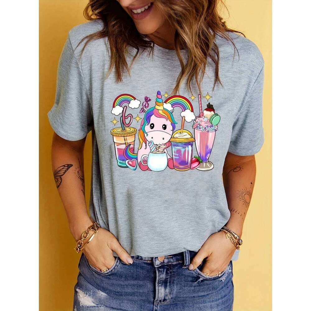 Womens Rainbow Unicorn Print T-Shirt Short Sleeve Lightweight & Breathable Crew Neck Top - Perfect Casual Wea Z260312