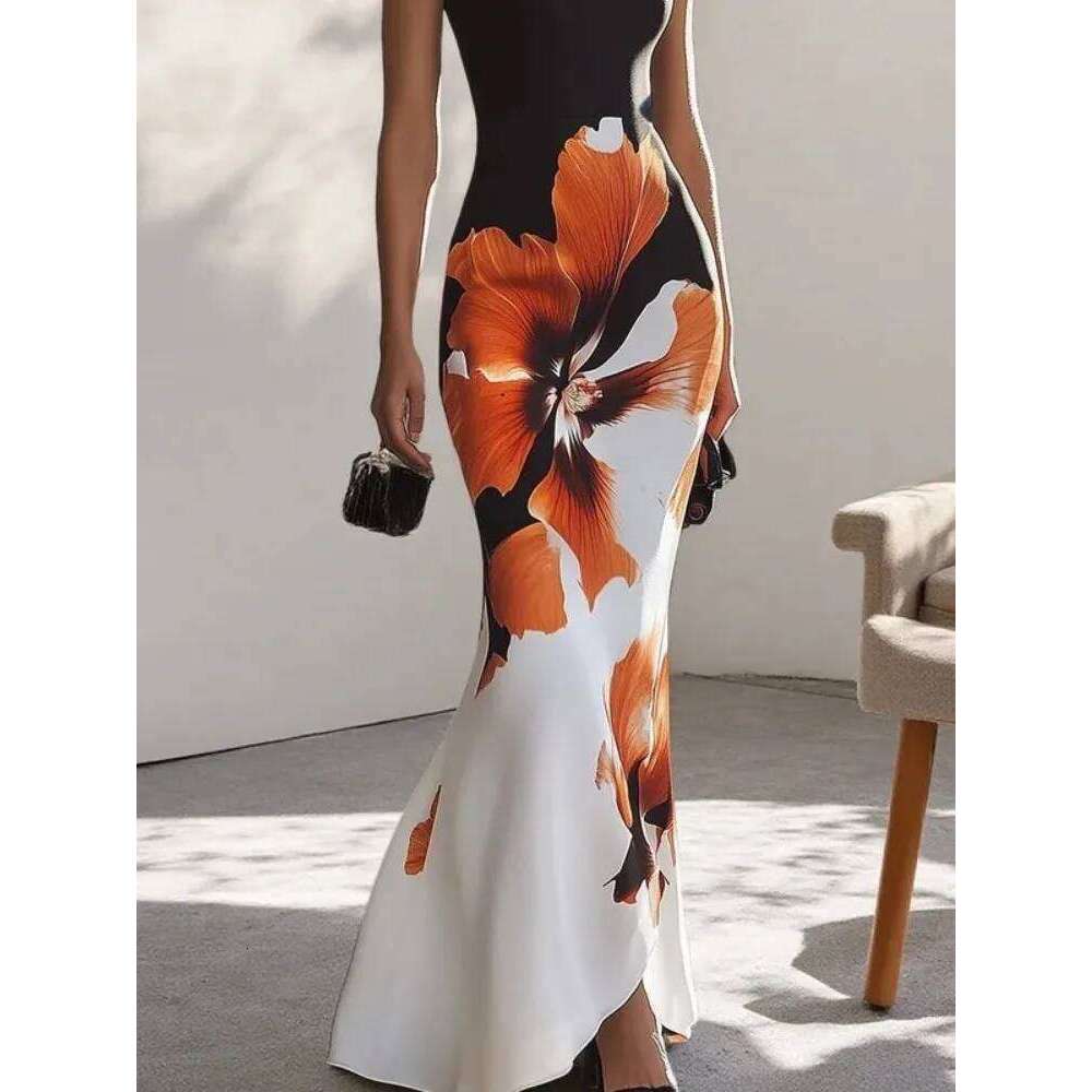 Gymystars Skinny Sleeveless Flower Print Women's Evening Dresses Elegant Sexy Outfit Black White Flowers Party Dress Robe C260312