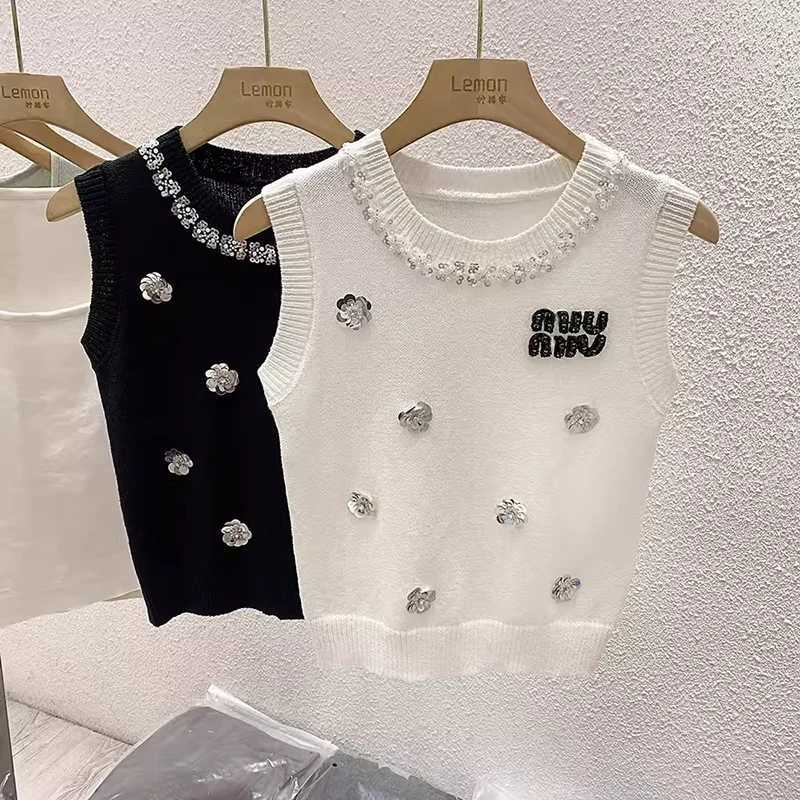 Floral Beading Slim Knit Vests Women Crop Tops 2025 Summer Sleeveless O-neck Knitwear Pullover Elegant Vintage Stylish VestsT260312
