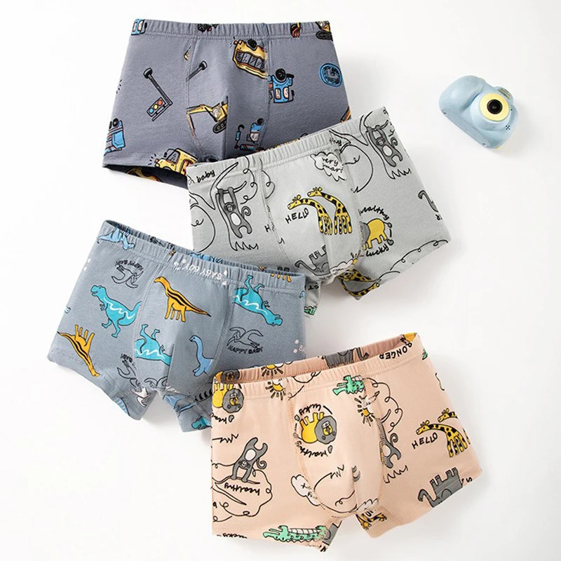 4Piece Boys Boxer Briefs High Quality Comfortable Cotton Children Boxers Shorts Car Dinosaur Various Patterns Kids Underwear 260311