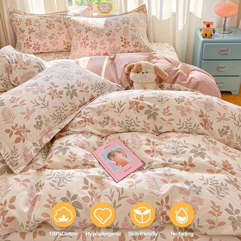 100% Cotton - Floral Print, Breathable Sweat-Absorbent Bedding Set 1 Duvet Cover 2 Pillowcases H260312