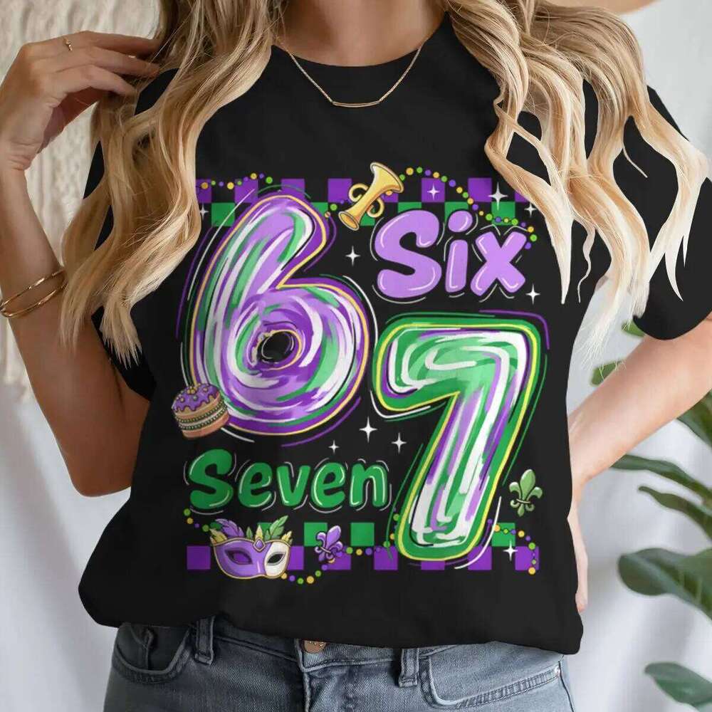 Six Seven Printed Women Shirt Mardi Gras Female T-shirt Girls Carnival Outfit Tee Vintage Holiday Short Sleeve Tops Z260312