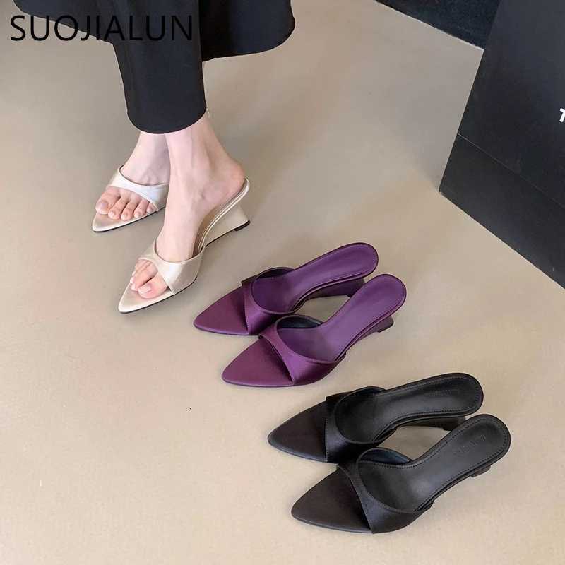 SUOJIALUN 2025 Summer New Women Slipper Fashion High Wedge Heel Slip On Open Toe Slides Ladies Elegant Outdoor Dress Sanda K260312