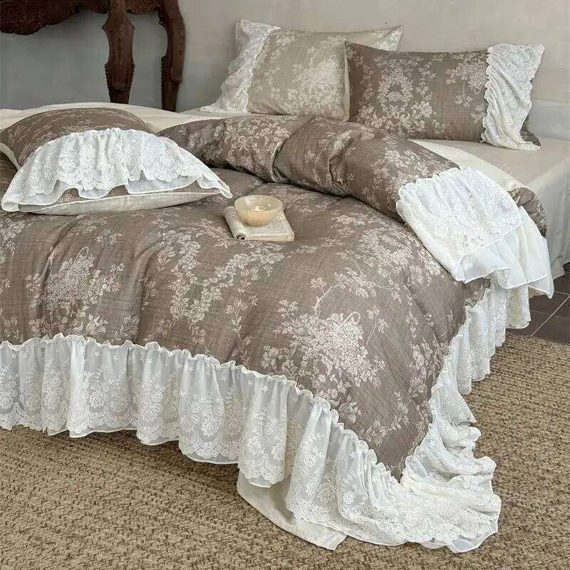 4Pcs Vintage French Floral Printing Lace Ruffles Bedding Set 100% Cotton Duvet Cover Flat/Fitted Sheet Pillowcases Home Textile H260312