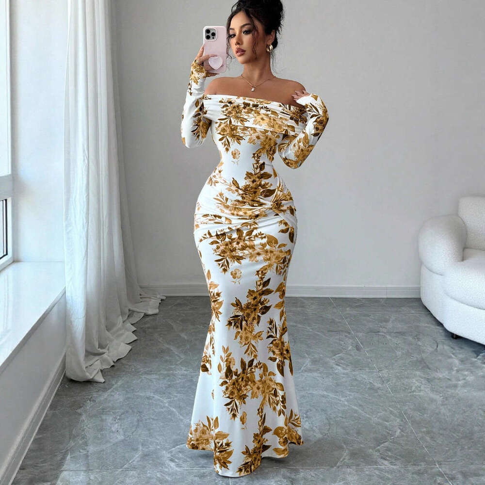 Best-selling in Europe America, 2026 autumn new printed long dress, elegant and slim-fitting, off-shoulder long-sleeve dress for women