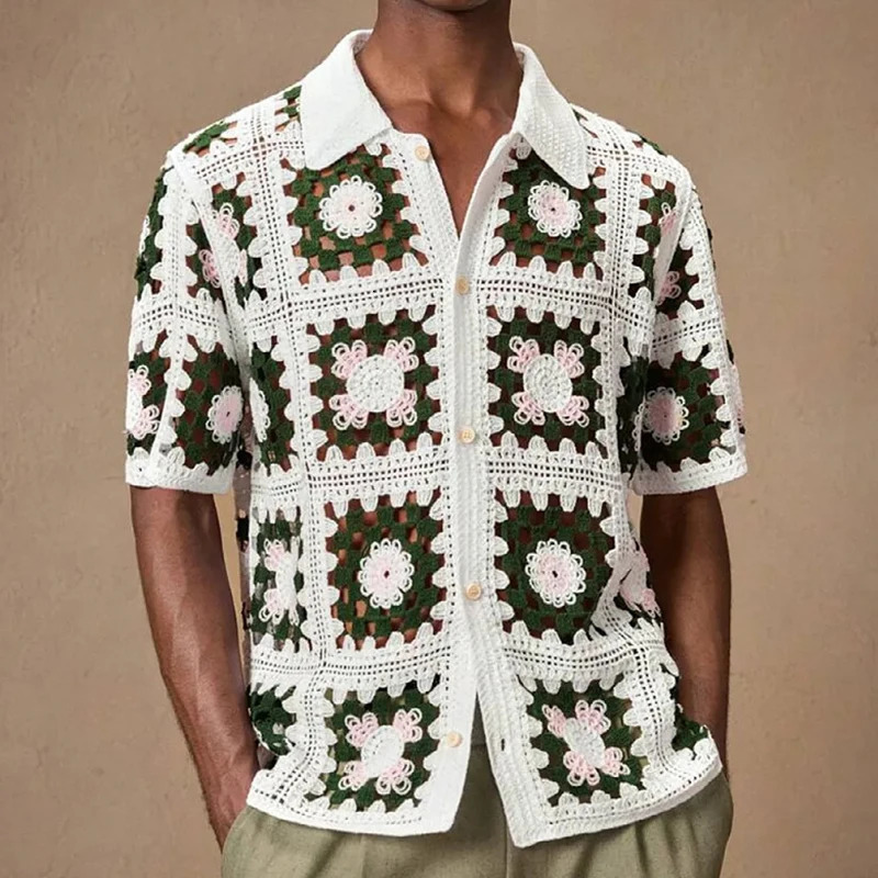 Summer Men Knitted Hollow Out Polo Shirt Fashion Short Sleeve Cardigan Tops French Retro Ethnic Premium Crochet Knitting Shirts 260311