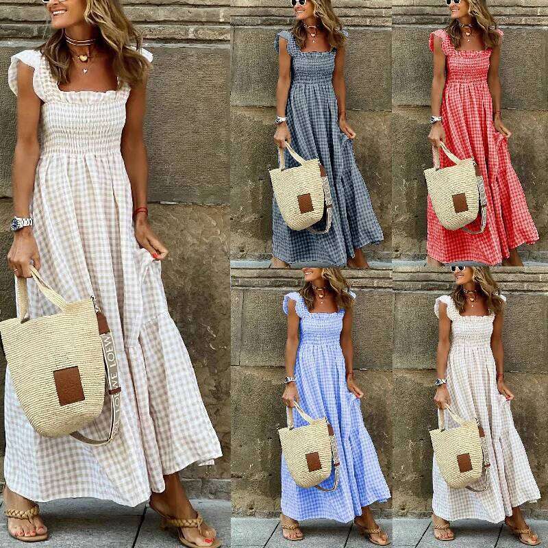 Elegant Plaid Slip Maxi Long Dress Summer Women Strapless Ruffle Backless Pleated Elastic Waist Boho Party Swing Loose Dresses C260311