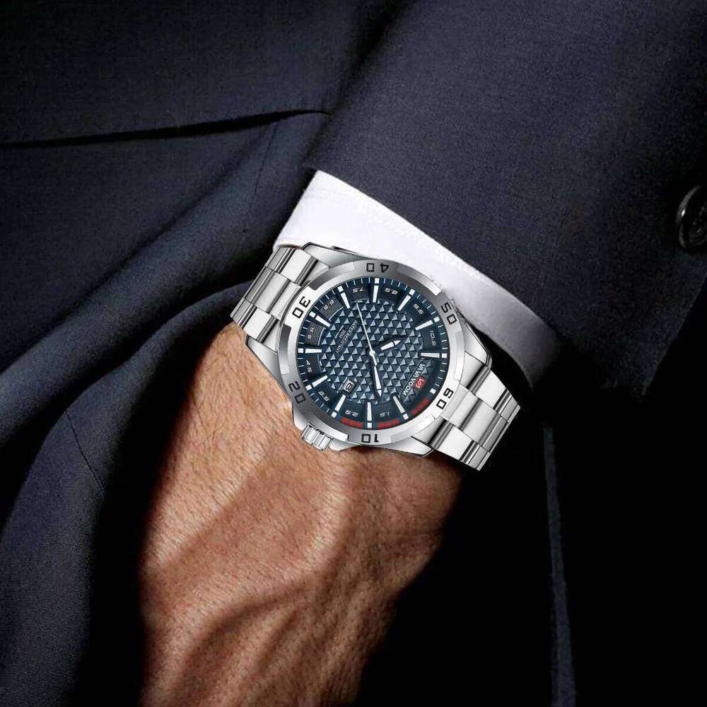 Stainless Steel Quartz Watch Business Fashion 45mm Calendar Clock Silver Sports 3Bar Waterproof Gift Wristatch for Men Reloj