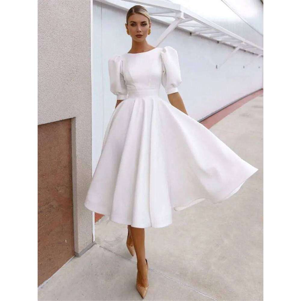 Sexy Backless Midi Dress Woman's Summer Fashion O-neck Short Sleeves Solid Color High Waist Dresses Ladies Elegance Vestidos C260312