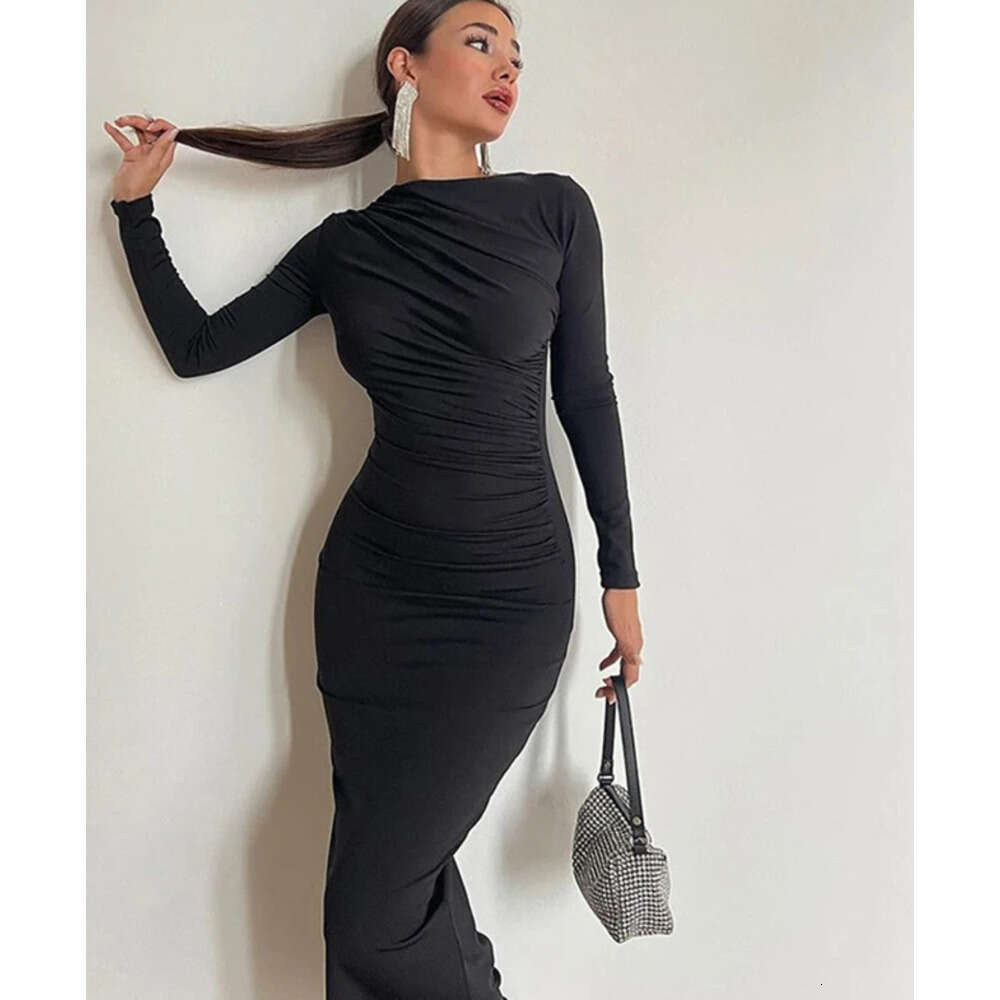 Cryptographic Autumn Elegant Ruched Long Bodycon Dress Fashion Outfits for Women Club Party Sexy Dresses Birthday Robes C260312