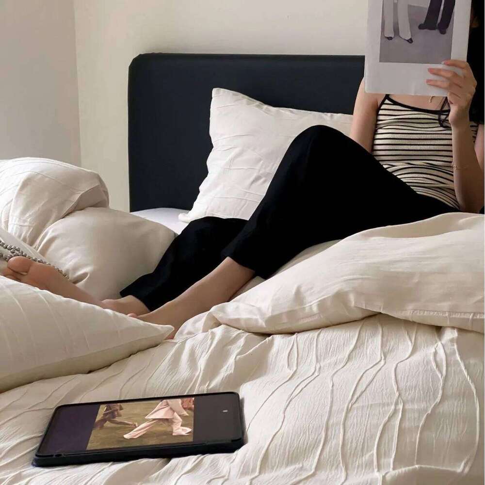 Customizable washed cotton three-dimensional jacquard simple Japanese old money wind four-piece set 100 bed sheet quilt cover H260312 - view 5