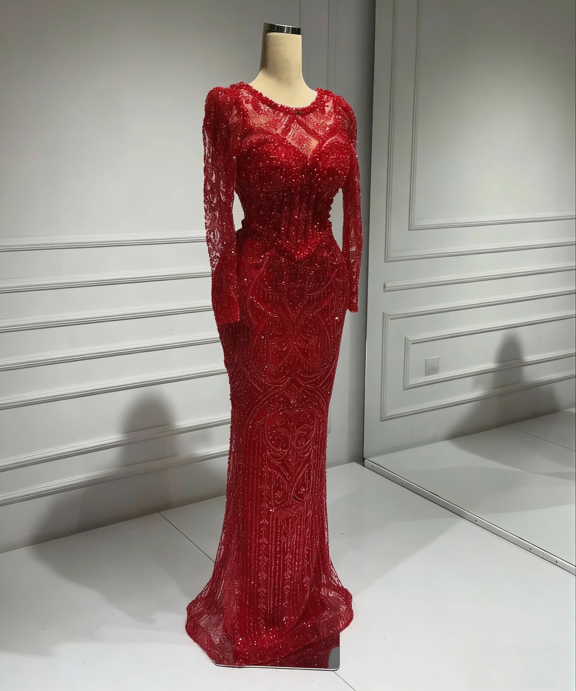Vintage Evening Dresses For Women Jewel Neck Long Sleeves Gown Sequins Beaded Floor Length Dress Party Customized Dress