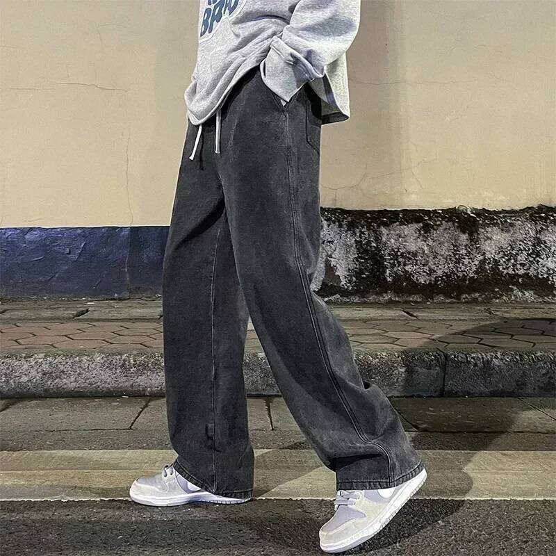 2025 New Streetwear Jeans Men Korean Style Fashion Loose Straight Wide Leg Pants Men's Brand Clothing Black Light Blue