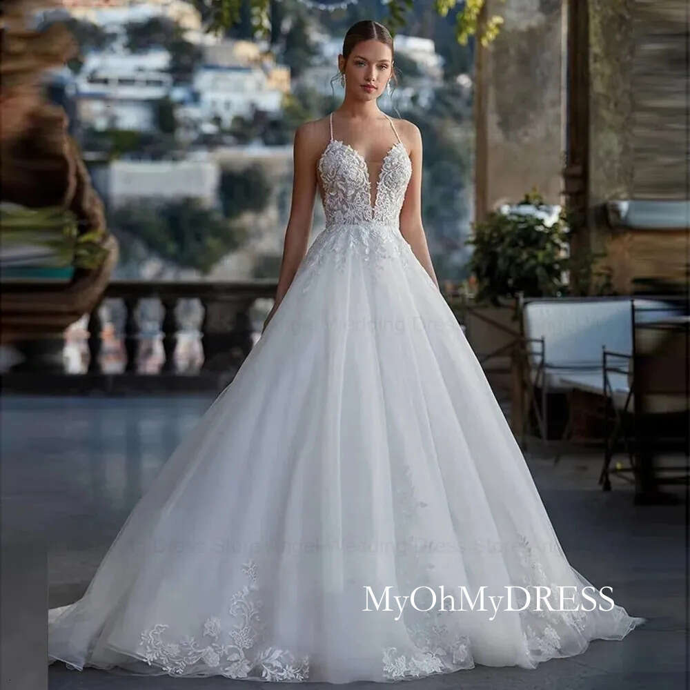 2025 Elegant A-Line Wedding Dress Sweetherat Backless Straps Beads Lace Appliques Women Tulle Bride Bridal Gowns Vestidos De Novia D0311