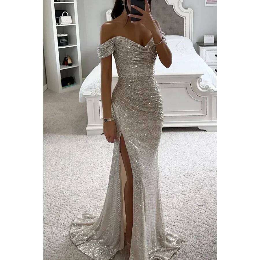 Womens Dresses New Party Sequin One Line Neckline Slit Casual Fashion Dress for Women C260312