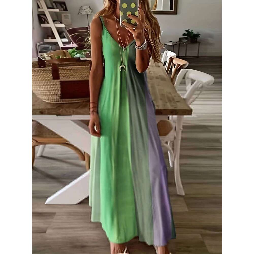 Summer long slim fit, colorful suspender skirt, gradient new printed women's dress C260312