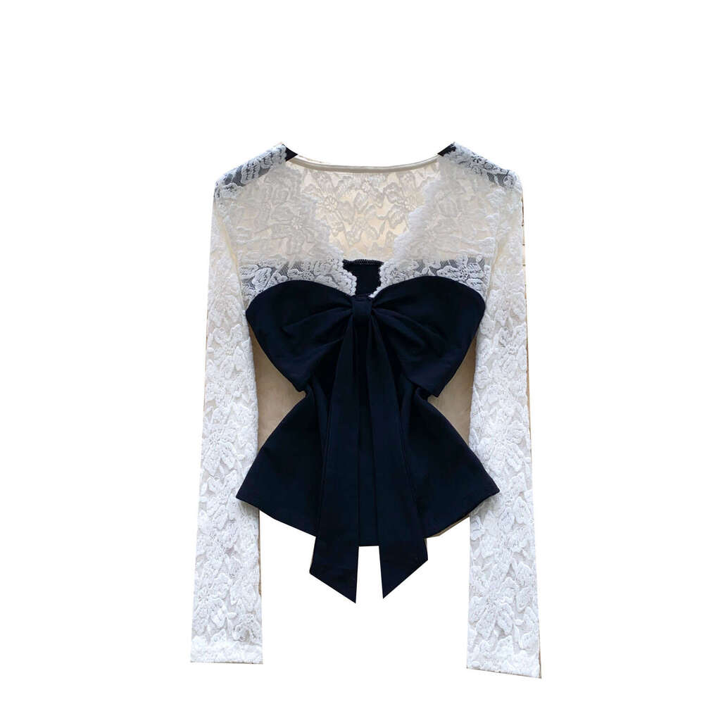 2026 designer women's A14 French V-neck tie lace long sleeved patchwork top for autumn and winter slim fit