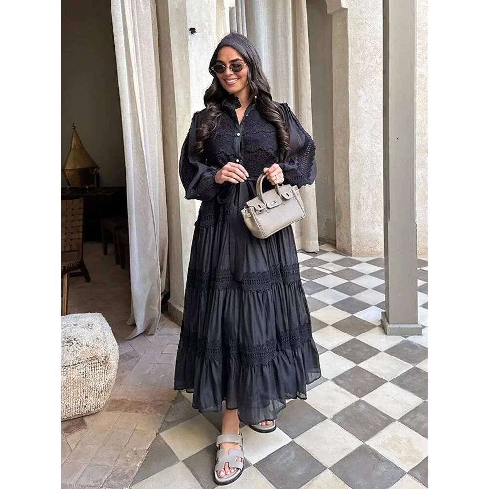 Elegant Hollow Out Women's Long Dresses Lantern Sleeves Lace Up Pearl Single Breasted Dress 2025 Spring Summer Female Solid Robe C260311