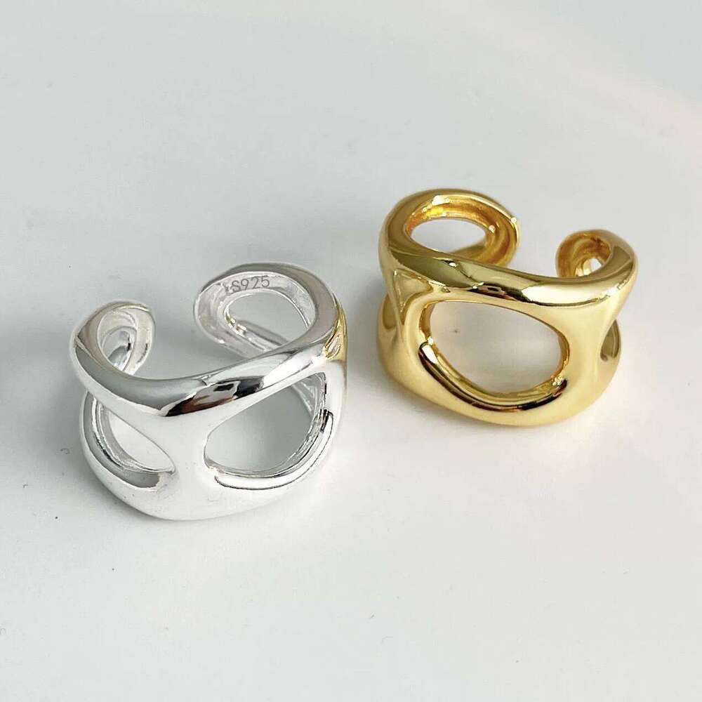 925 Sterling Silver Rings Women Geometric Fine Jewelry Finger Adjustable Simple Wide Hollow Ring For Party Birthday Gift H260312