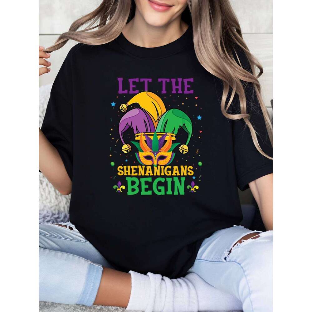 Mardi Gras Jester Mask and Text Let the Shenanigans Begin T-Shirt Women Party Wear Black Plus-Size Z260312