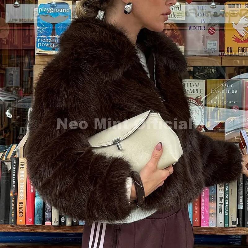 Neo Mint Ins Blogger Brand Fashion Burgundy Obsession Faux Coat Women Winter 2025 Vintage Brown Fox Fur Jacket Warm Overcoat