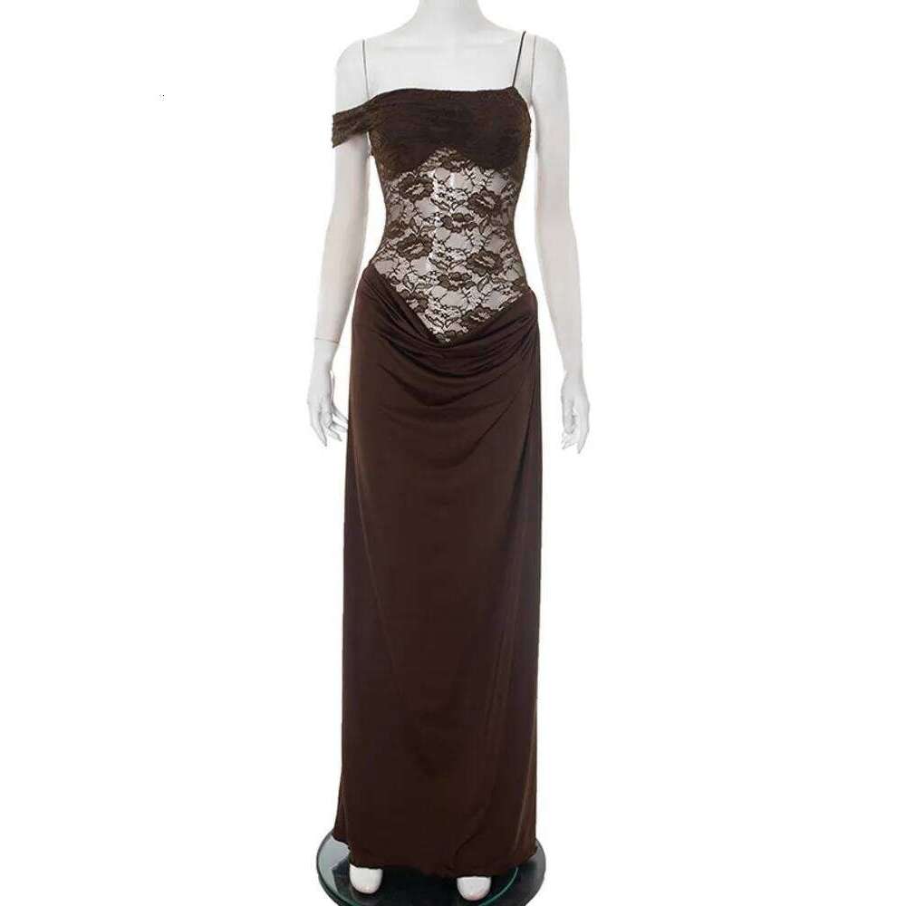 Mozision One Shoulder Lace See Through Sexy Maxi Dress Women Gown Fashion Off-shoulder Sleeveless Backless Club Long Dresses C260311