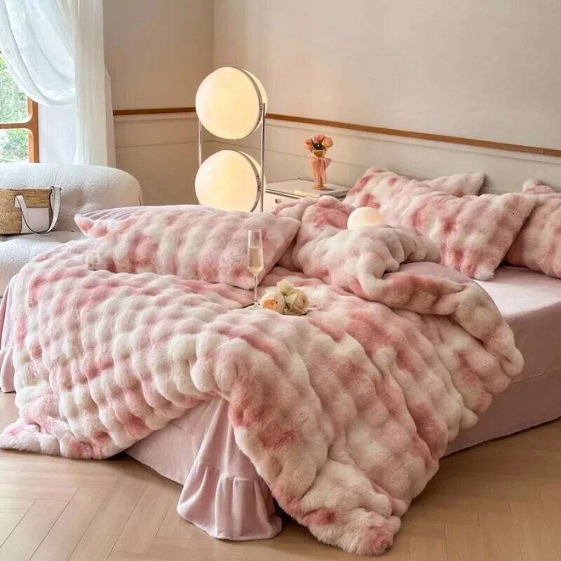 2024 new solid color colorful four-piece set, rabbit fur and one side of milk wool thickened warm H260312