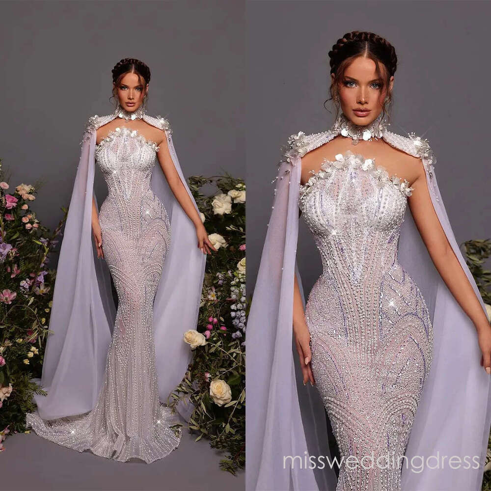 Exquisite Mermaid Wedding Dresses Sequined Pearl Beaded With Cape Bridal Gowns Strapless Bride Dress Sweep Train Robe