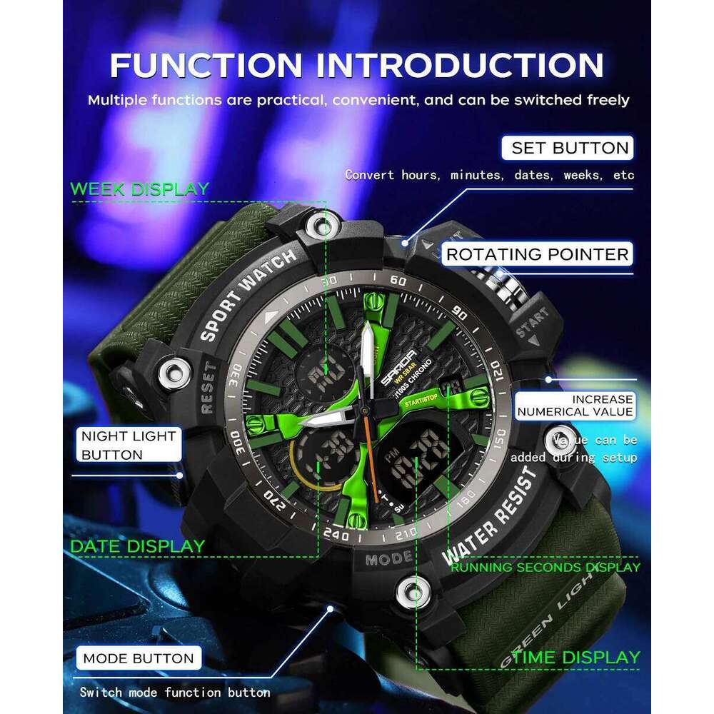 Sanda 3366 New Men's Electronic Waterproof Outdoor Sports Shockproof Calendar Students Luminous Digital Watches For Men