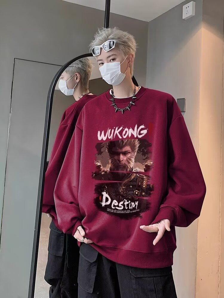 New Autumn Model Black Myth: Designer Hoodie Wukong Printed Crew Neck Sweatshirt For Men Style Burgundy Heavy Long-sleeve Base Shirt