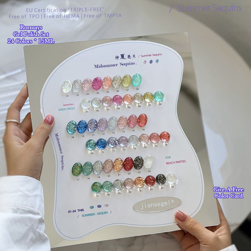 jiansegel Midsummer Sequins Nail Gel Polish 24 Colors Summer Glitter UV/LED Soak Off Nail Art Gel for Beach Parties