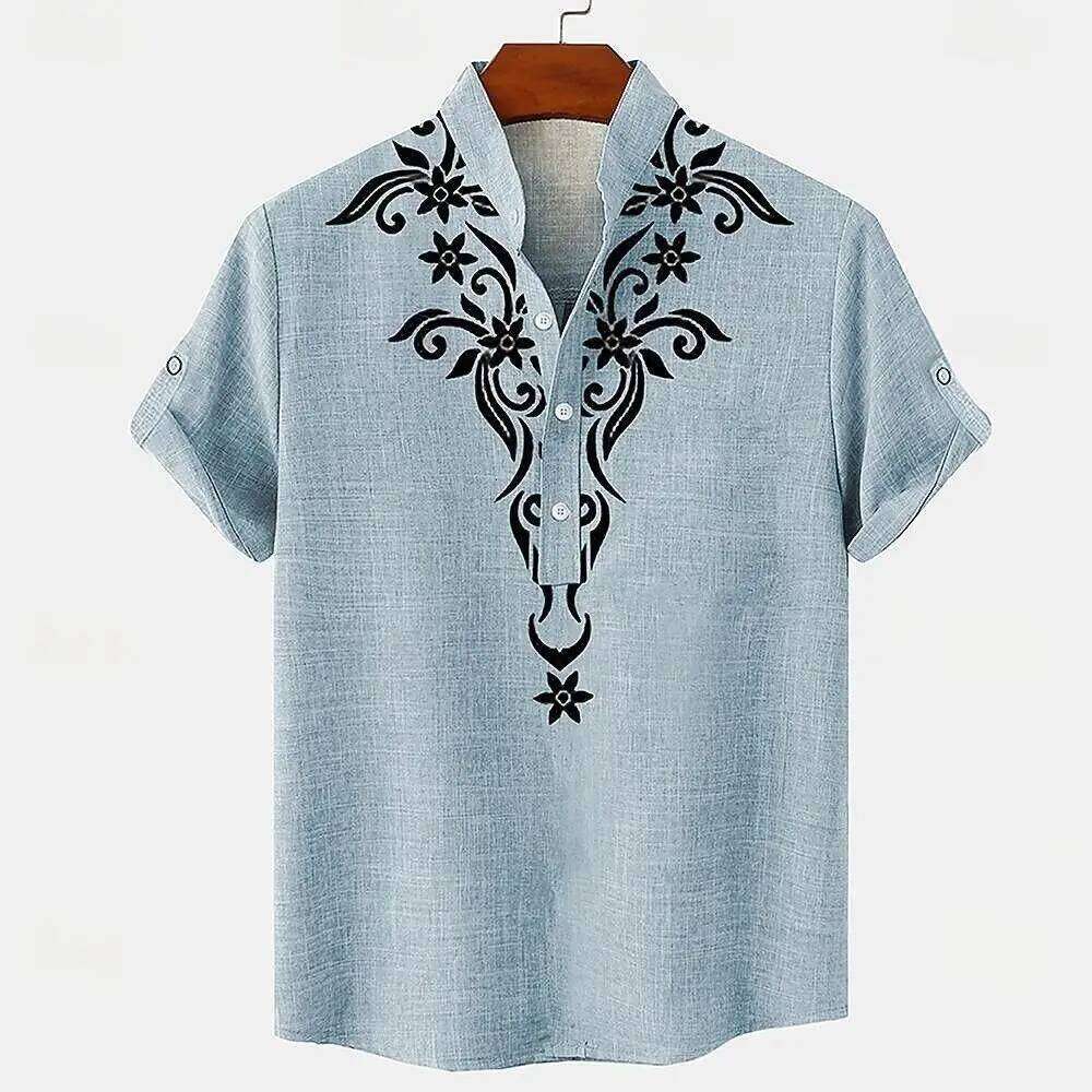 Digital printed retro pattern, fashionable trend, street outdoor, high-quality and comfortable linen men's short sleeved shirt