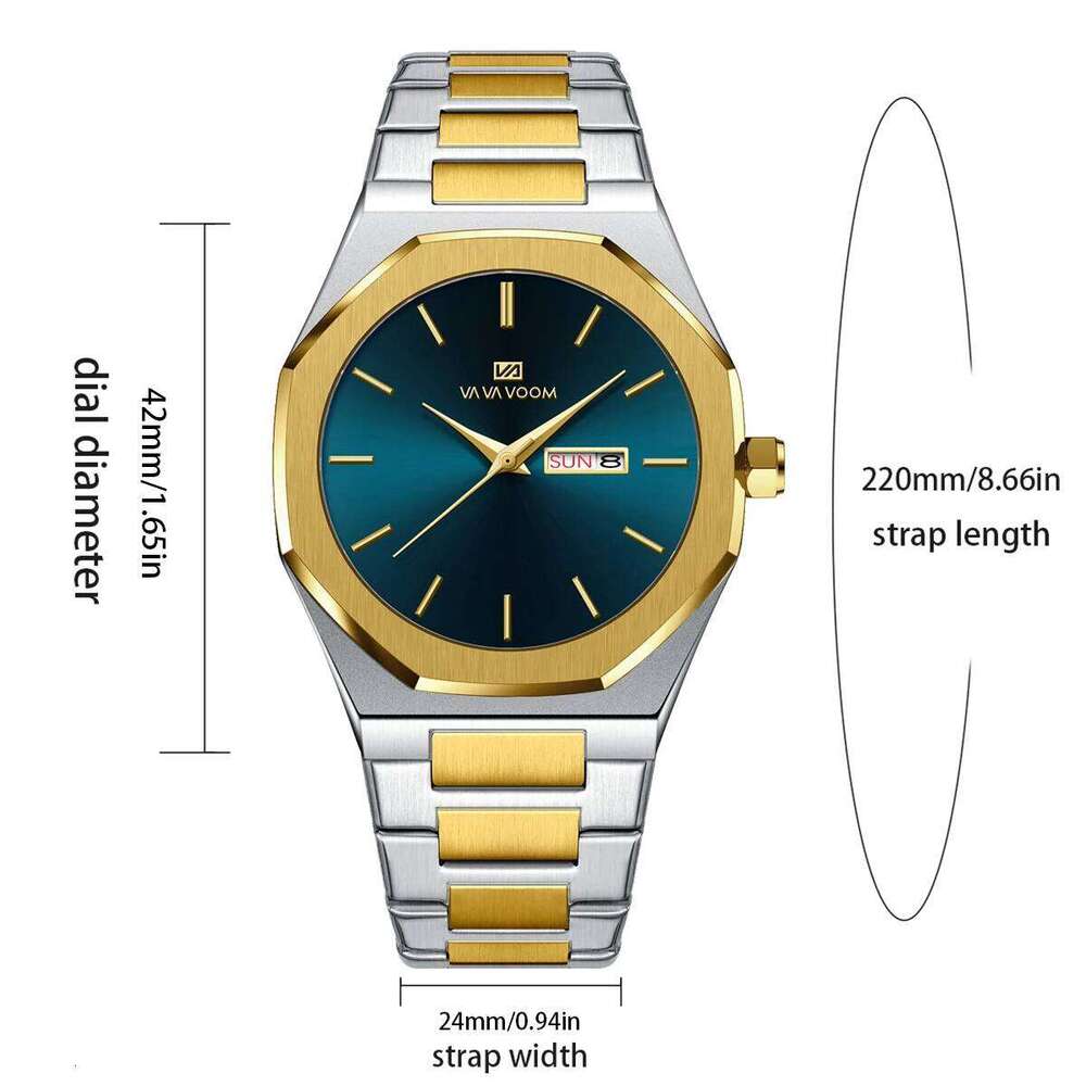 Blue Gold Stainless Steel Octagonal Fashion Business Style Double Calendar Quartz Movement Sports Watch for Men