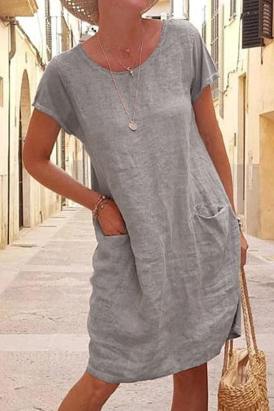 2023 New Summer Loose Solid Color Pocket Short Sleeve Round Neck Cotton Linen Dress for Women