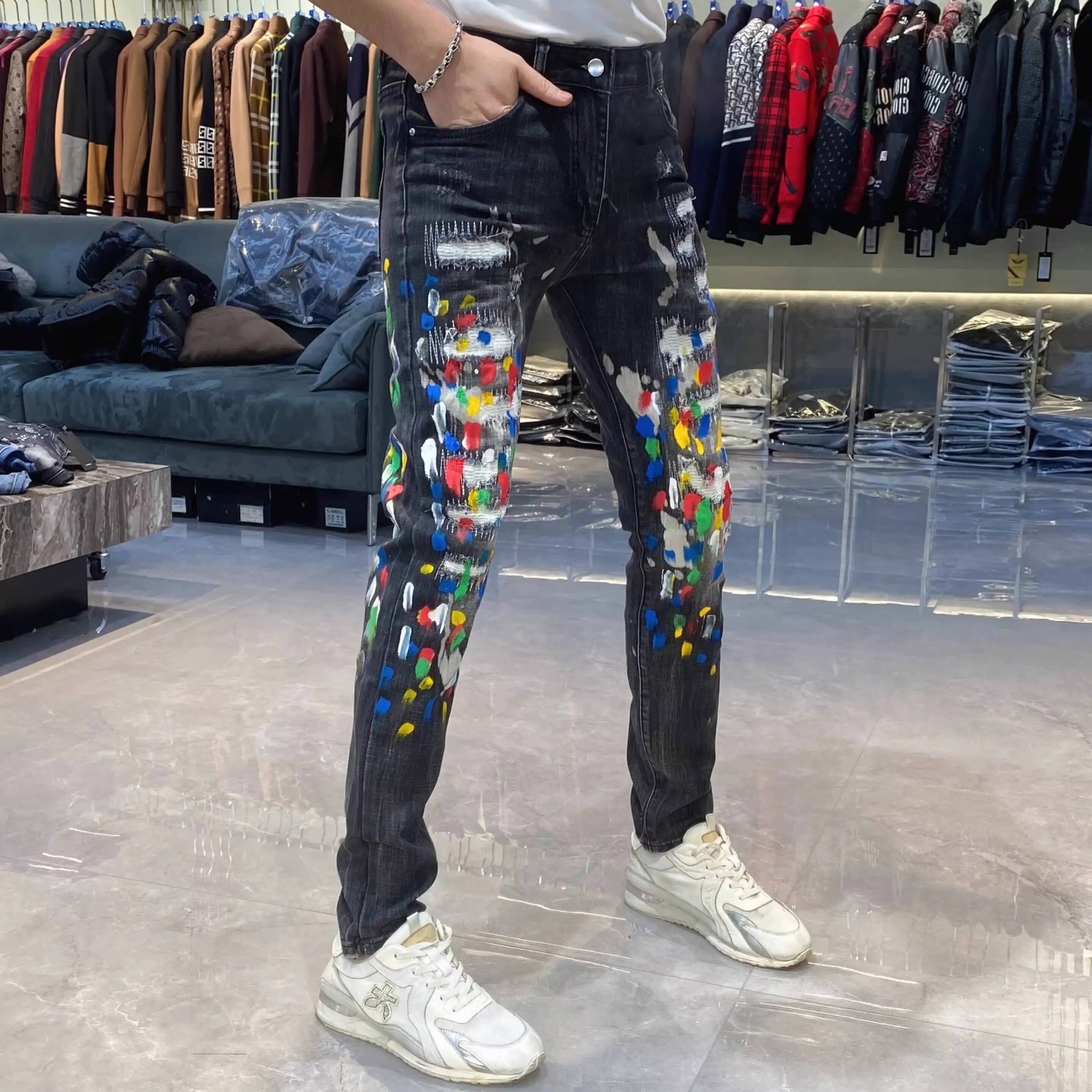 Mens Brand New Paint Splatter Ripped Men's Slim Fit Stretch 2026 Fashion Trendy Versatile Long Pants Jeans Masculina