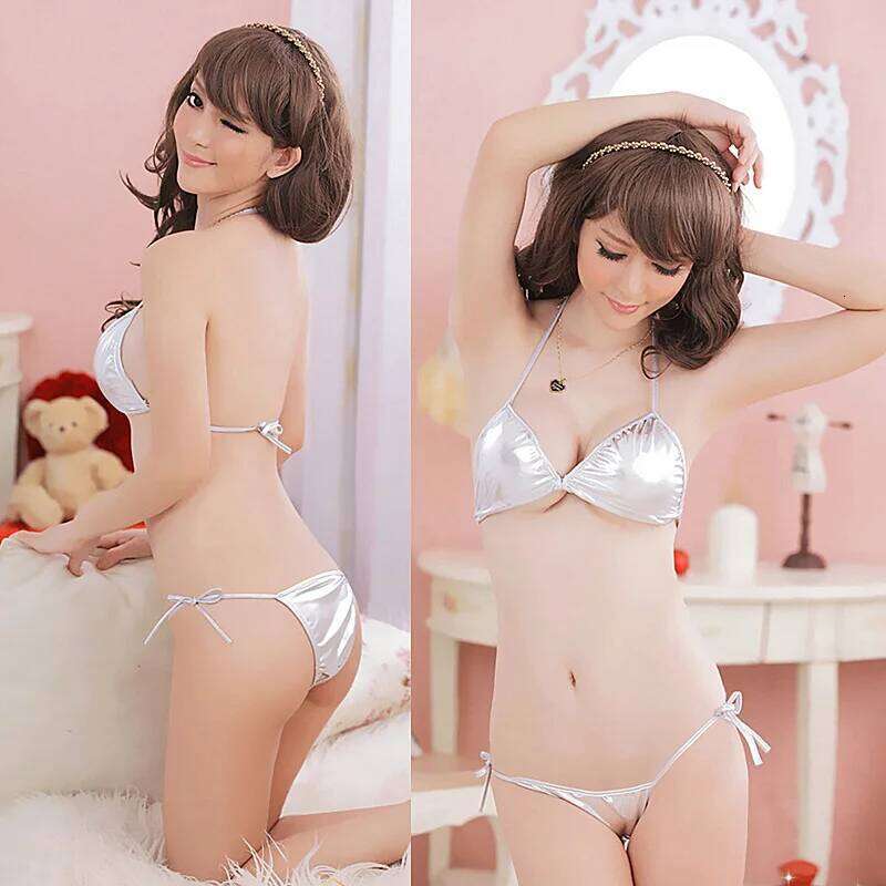 Three Point Bikini Women's Sexy Swimwear with Thin Straps Seductive Bras Shorts Gilded Patent Leather Set Swimming Pool Bedroom Y260303