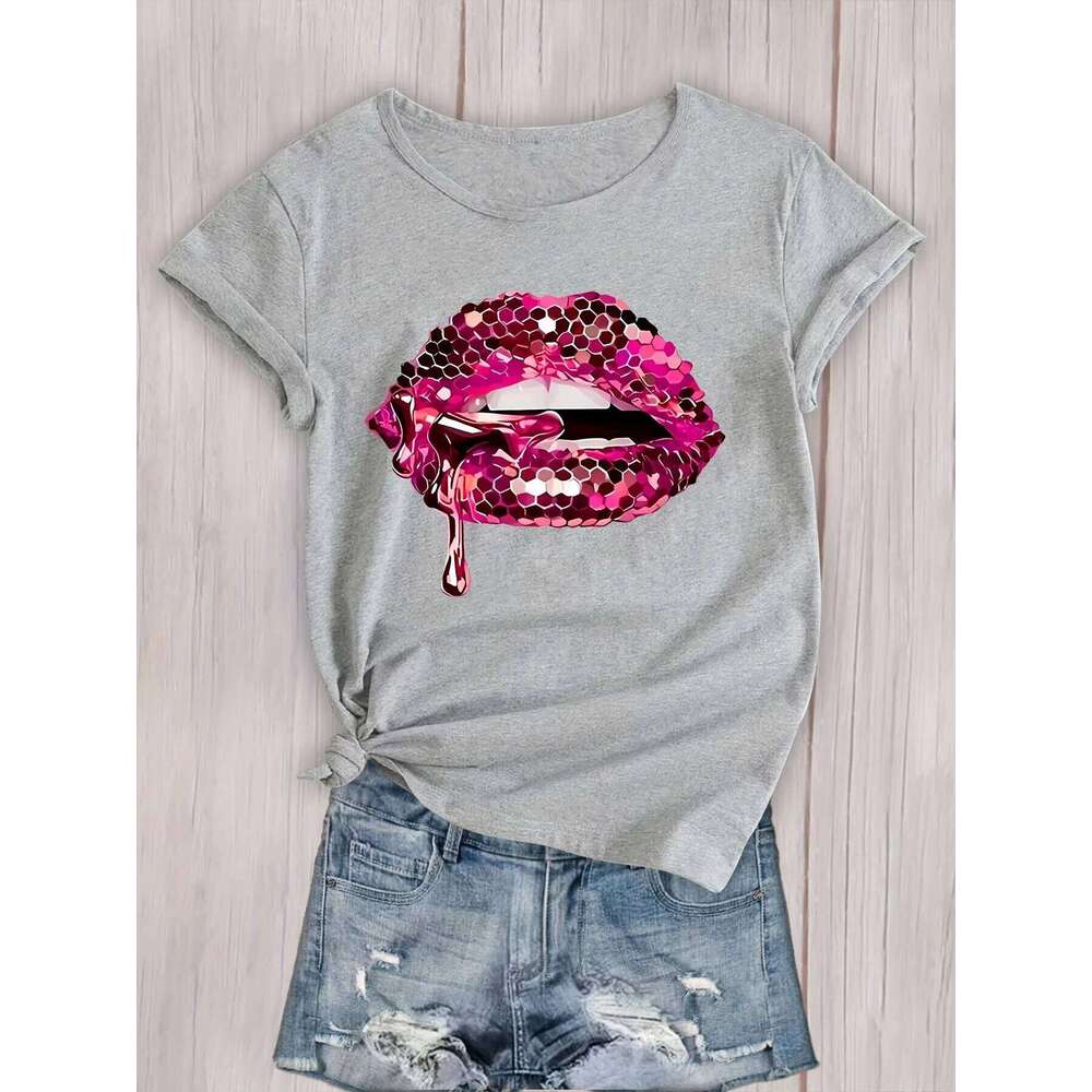Crew Neck Workout Top Women's Activewear Lips Graphic Sports T-shirt Short Sleeve Casual Aesthetic Clothes Z260312